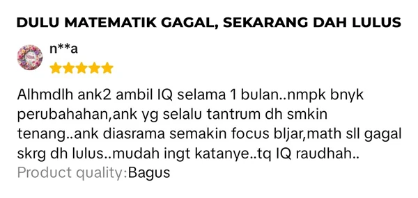 Testimoni pelanggan Shopee: anak ambil sebulan, lebih tenang dan fokus belajar, Matematik lulus.